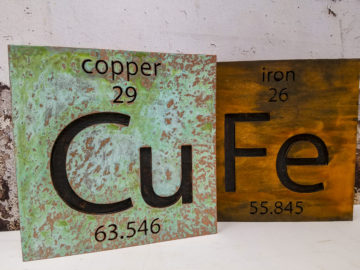 Copper patina and rust finish on 2” thick MDF