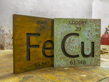 Copper and Rust finish on 2” thick MDF with engraved letters